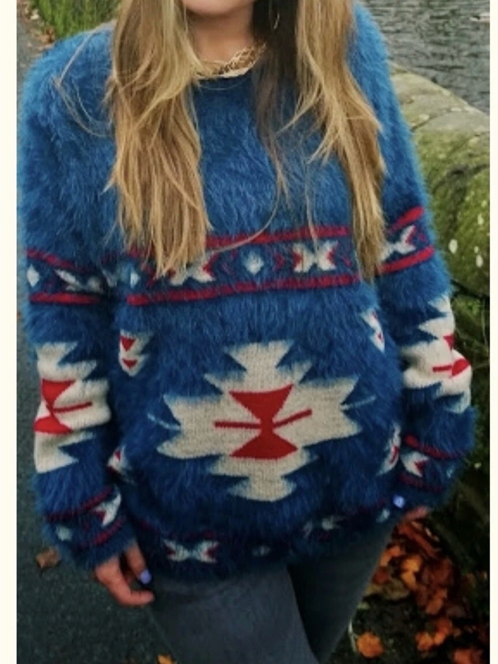 Yumi Fuzzy Aztec Southwestern Sweater Womens US 2/4 Blue Red Boho - Picture 2 of 10